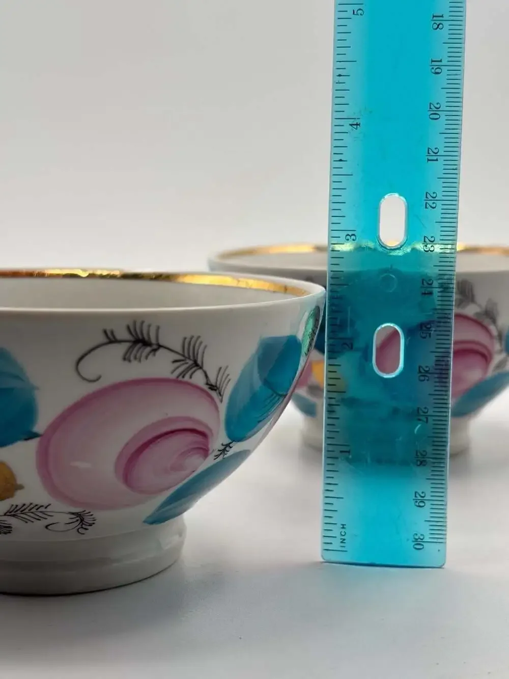 Vintage Dulevo Porcelain Hand-Painted Footed Tea Bowls Set of 2